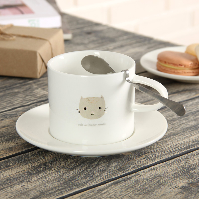 Чайная пара 260 мл "Зверята", с ложкой, рисунок МИКС