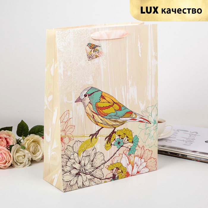 Пакет подарочный "Певчая птичка", бежевый, люкс, 32 х 11 х 42 см