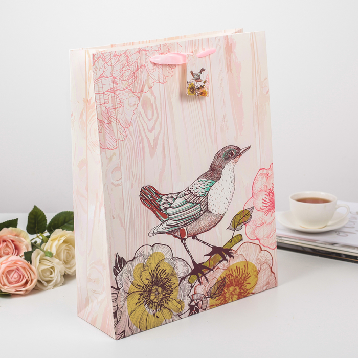 Пакет подарочный "Певчая птичка", розовый, люкс, 32 х 11 х 42 см
