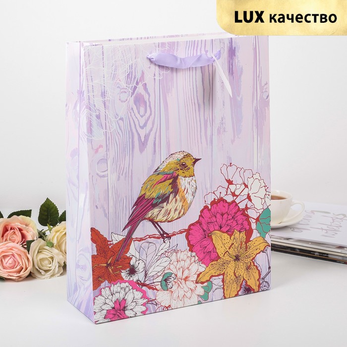 Пакет подарочный "Певчая птичка", сиреневый, люкс, 32 х 11 х 42 см