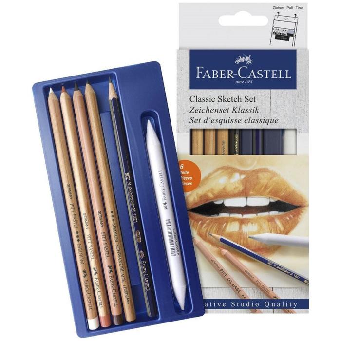 фото Набор художественный faber-castell "классический" 6 предметов (чернографитный карандаш 2b, растушёвка, пастель в карандаше белая, сангина, сепия, карандаш масляный medium)