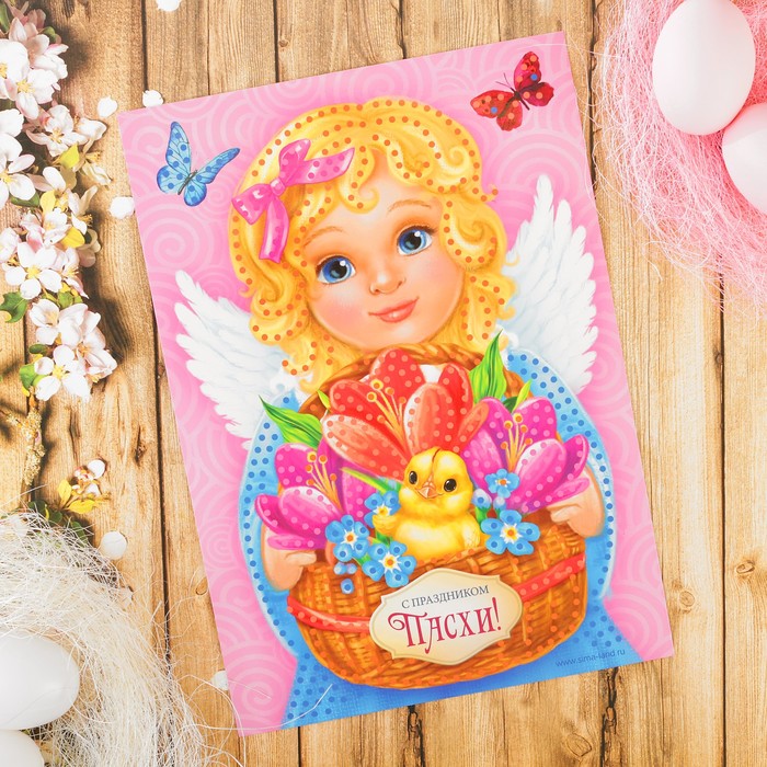Аппликация пайетками "С праздником Пасхи!" Ангел + 4 цвета паейток по 7 грамм
