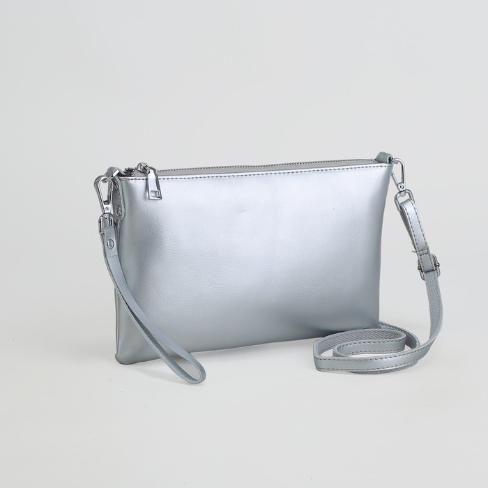 Клатч женский на молнии, отделение с перегородкой, наружный карман, ручка, длинный ремень, цвет серебро