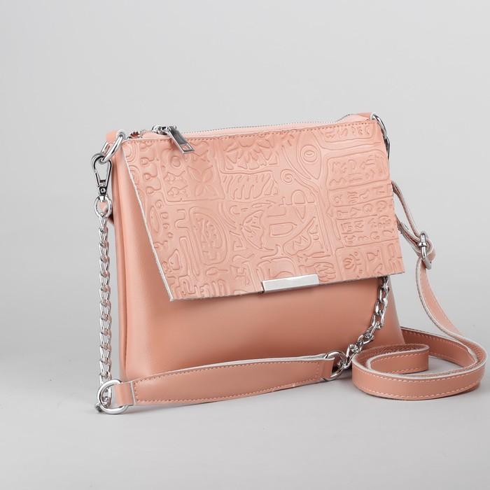 Сумка женская, отдел с перегородкой на молнии, 2 наружных кармана, длинный ремень, цвет пудровый