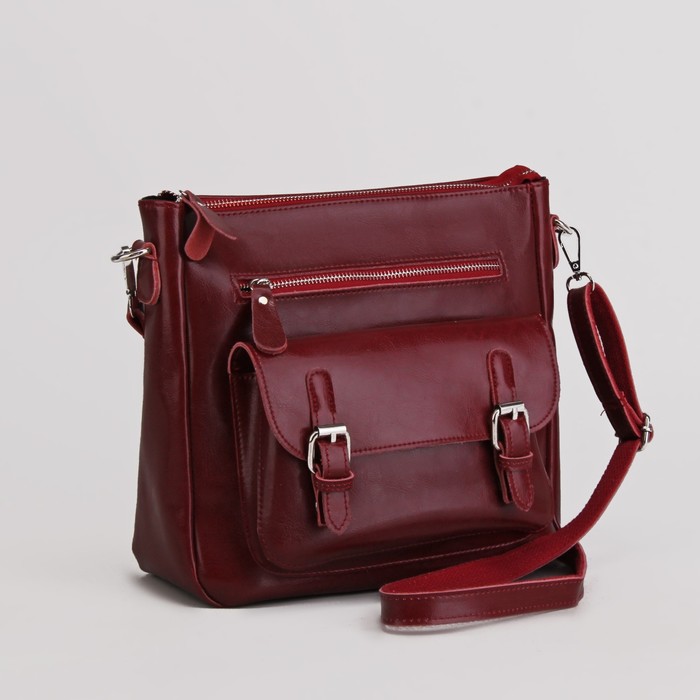 Сумка женская, отдел с перегородкой на молнии, 3 наружных кармана, длинный ремень, цвет бордовый