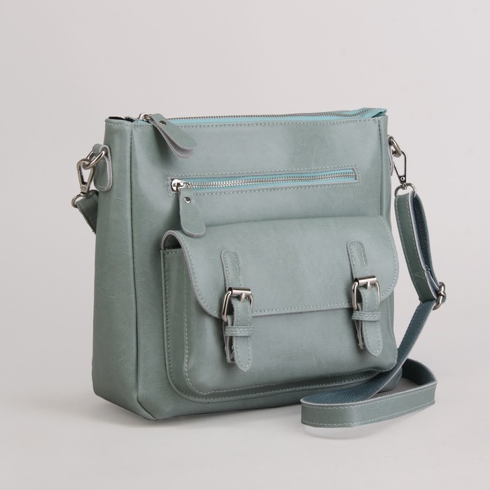 Сумка женская, отдел с перегородкой на молнии, 3 наружных кармана, длинный ремень, цвет зелёный