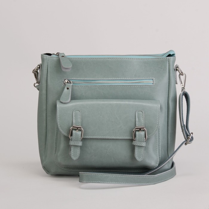 Сумка женская, отдел с перегородкой на молнии, 3 наружных кармана, длинный ремень, цвет зелёный