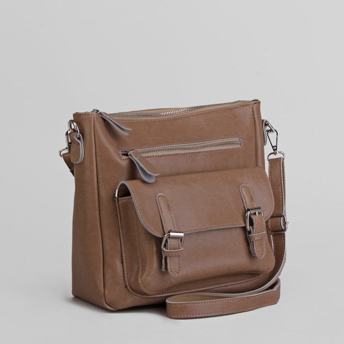 Сумка женская, отдел с перегородкой на молнии, 3 наружных кармана, длинный ремень, цвет хаки