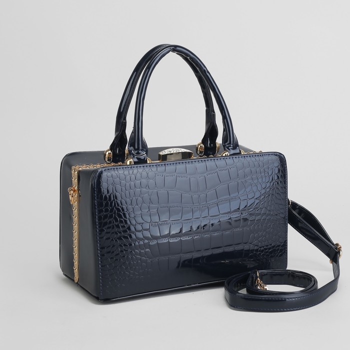 Сумка женская, отдел с перегородкой на фермуаре, наружный карман, длинный ремень, цвет синий