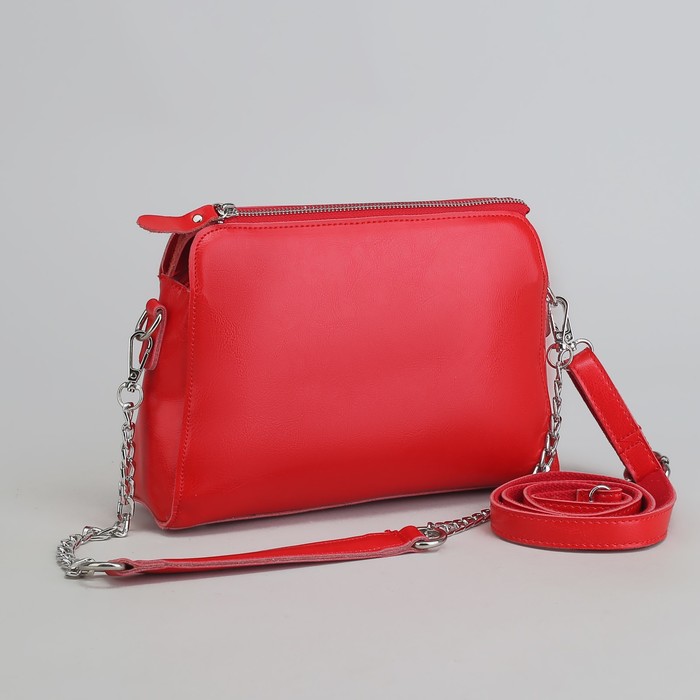 Сумка женская, 3 отдела на молнии, наружный карман, длинный ремень, цвет красный