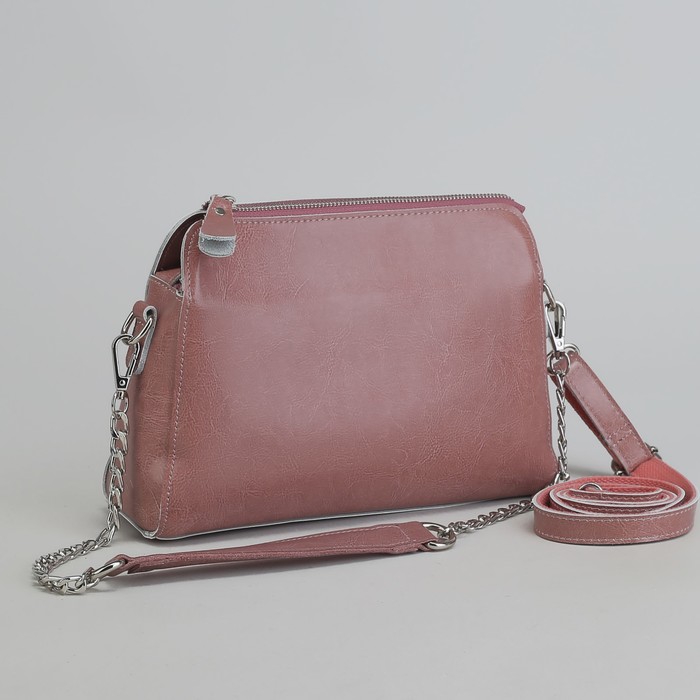 Сумка женская, 3 отдела на молнии, наружный карман, длинный ремень, цвет пудровый