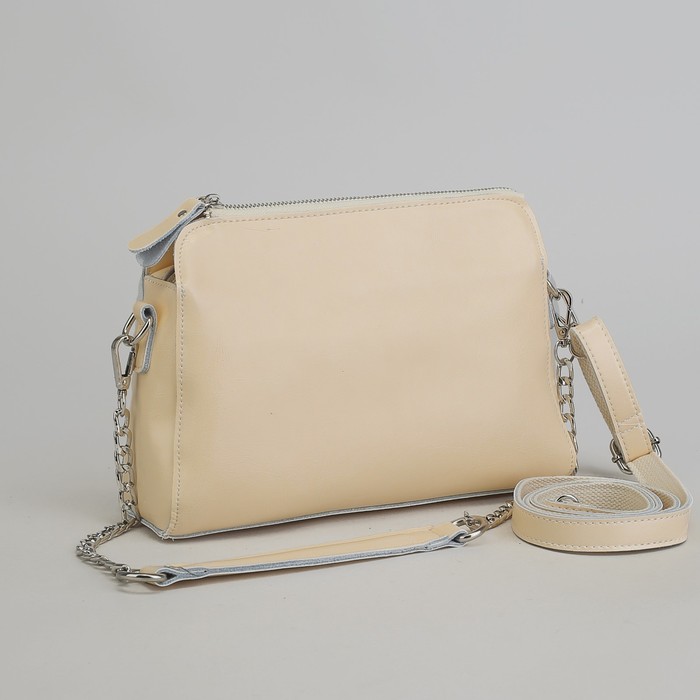 Сумка женская, 3 отдела на молнии, наружный карман, длинный ремень, цвет молочный