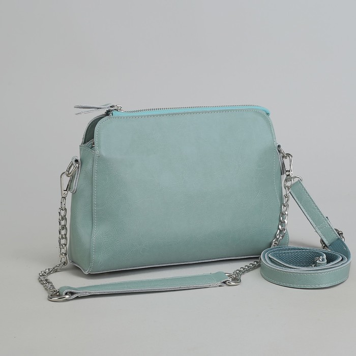 Сумка женская, 3 отдела на молнии, наружный карман, длинный ремень, цвет мятный