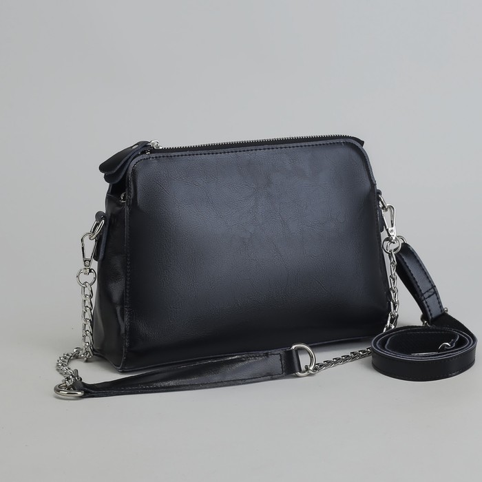 Сумка женская, 3 отдела на молнии, наружный карман, длинный ремень, цвет чёрный