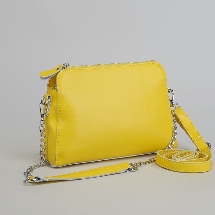 Сумка женская, 3 отдела на молнии, наружный карман, длинный ремень, цвет жёлтый