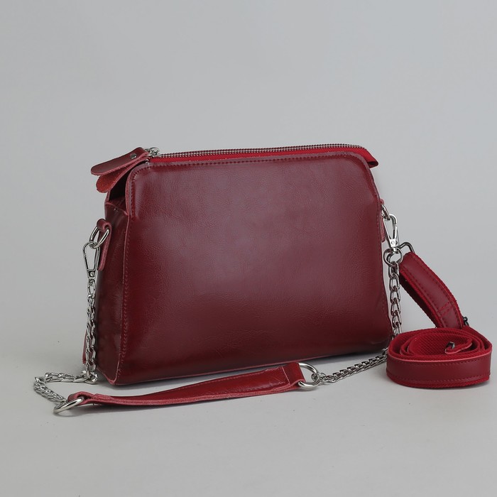 Сумка женская, 3 отдела на молнии, наружный карман, длинный ремень, цвет бордовый