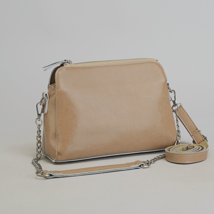 Сумка женская, 3 отдела на молнии, наружный карман, длинный ремень, цвет хаки