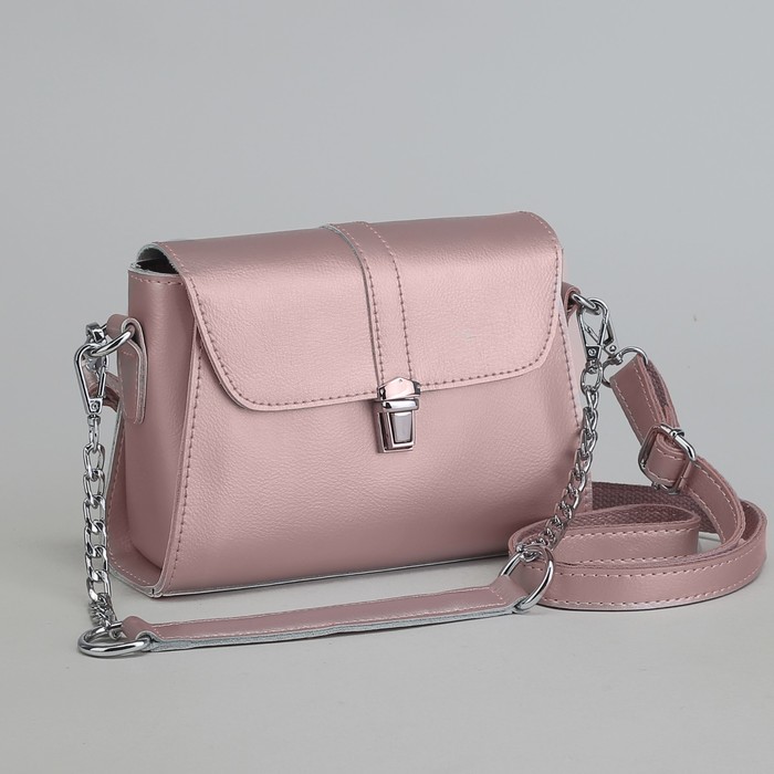 Сумка женская, отдел с перегородкой на молнии, наружный карман, длинный ремень, розовый перламутровый