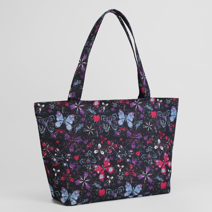 Сумка пляжная 30*12*35, отдел на молнии, "Бабочки на чёрном"