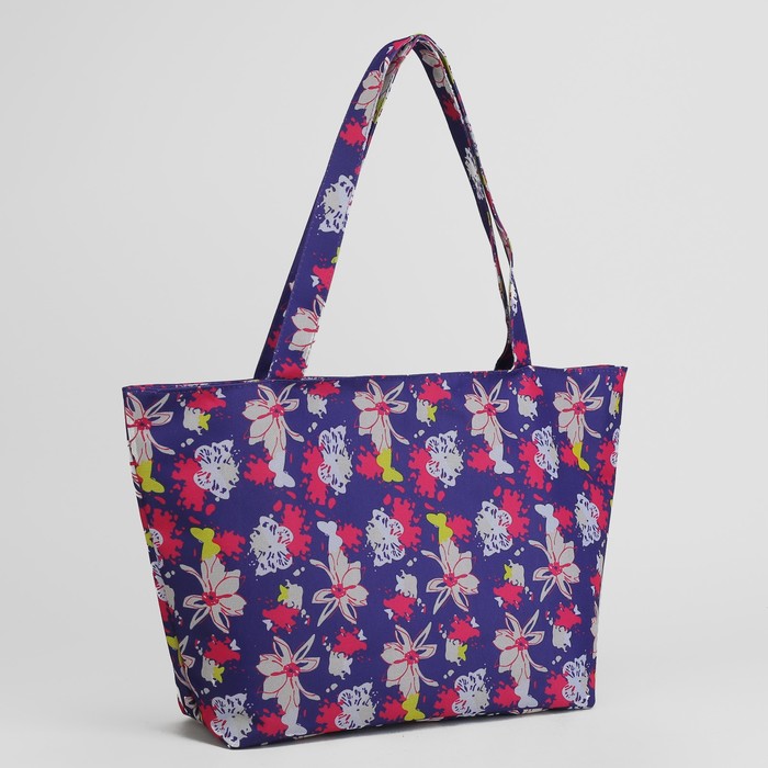 Сумка пляжная 30*12*35, отдел на молнии, "Цветы на фиолетовом"