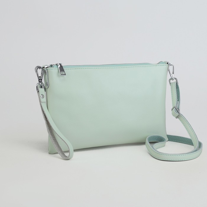 Клатч женский на молнии, отделение с перегородкой, наружный карман, ручка, длинный ремень, цвет мятный