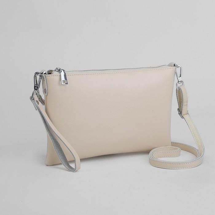 Клатч женский на молнии, отделение с перегородкой, наружный карман, ручка, длинный ремень, цвет бежевый