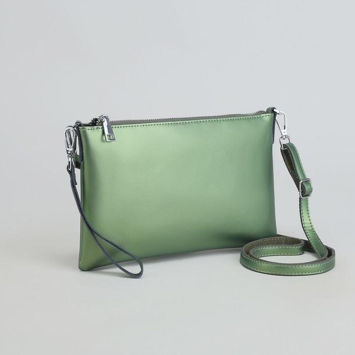 Клатч женский на молнии, отделение с перегородкой, наружный карман, ручка, длинный ремень, цвет зелёный перламутр