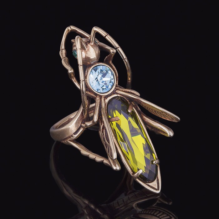 Кольцо "Кузнечик", размер 18, цвет зелёный в бронзе