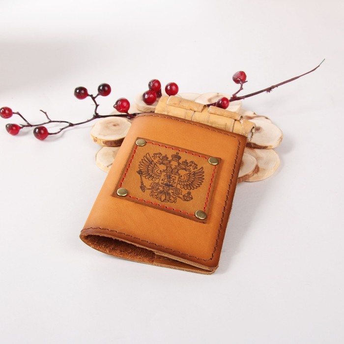 Обложка для паспорта с нашивкой "Герб РФ", цвет коричневый