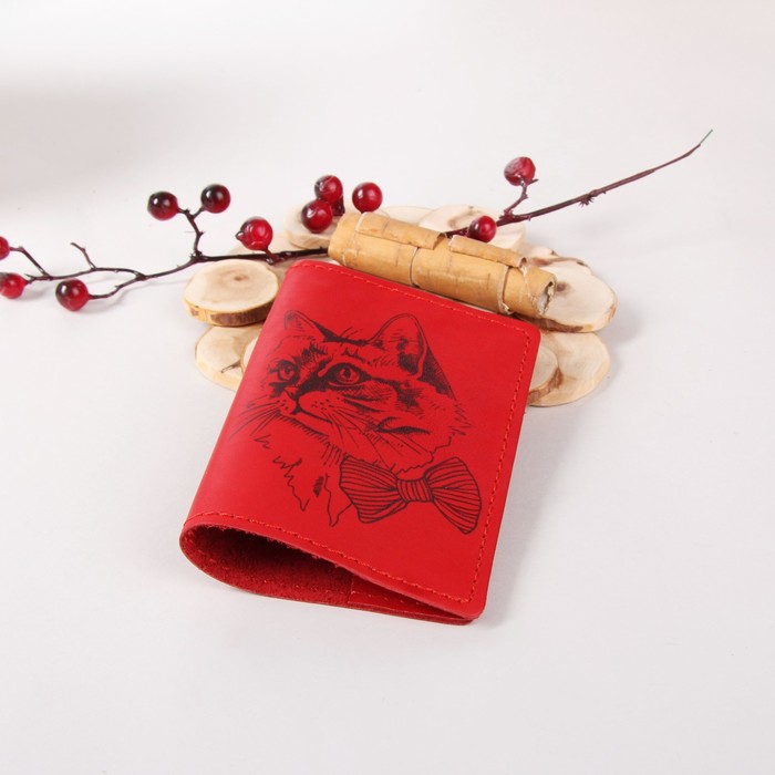 Обложка для паспорта "Кот с бантиком", цвет красный