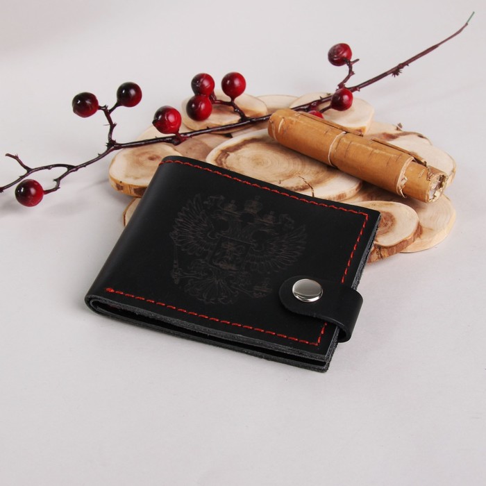 Портмоне мужское "Герб РФ", с хлястиком, отдел для кредиток, цвет чёрный