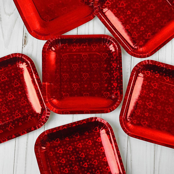 Тарелка квадрат (набор 6 шт) голография в сердечко, цвет красный