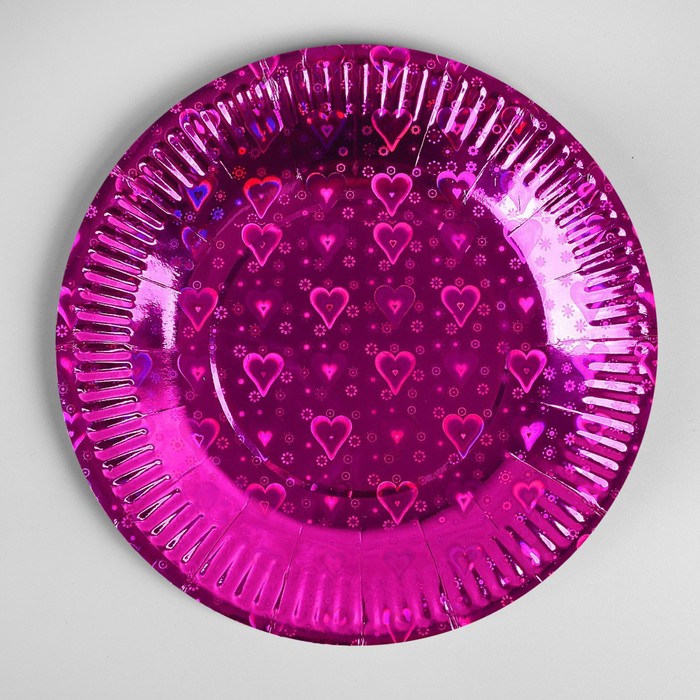 Тарелка (набор 6 шт) голография в сердечко, цвет фуксия