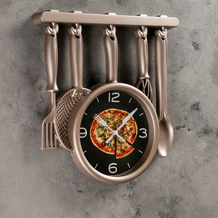 Часы настенные, серия: Кухня, "Кухонная утварь", бронзовые, 32х34 см, плавный ход