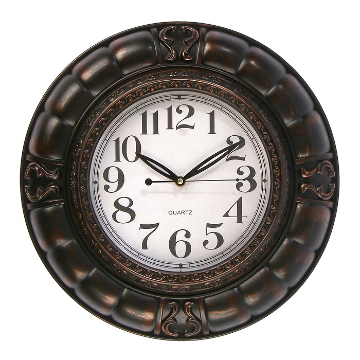 Часы настенные, круглые, рама-секторы, эффект потёртости, тёмно-коричневые, d=40 см