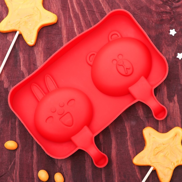 Форма для леденцов и мороженого, 2 ячейки, "Зайка и мишка", цвет красный
