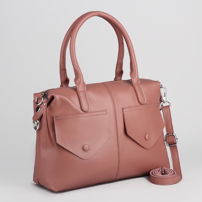 Сумка женская на молнии, 1 отдел, 3 наружных кармана, длинный ремень, цвет пудра