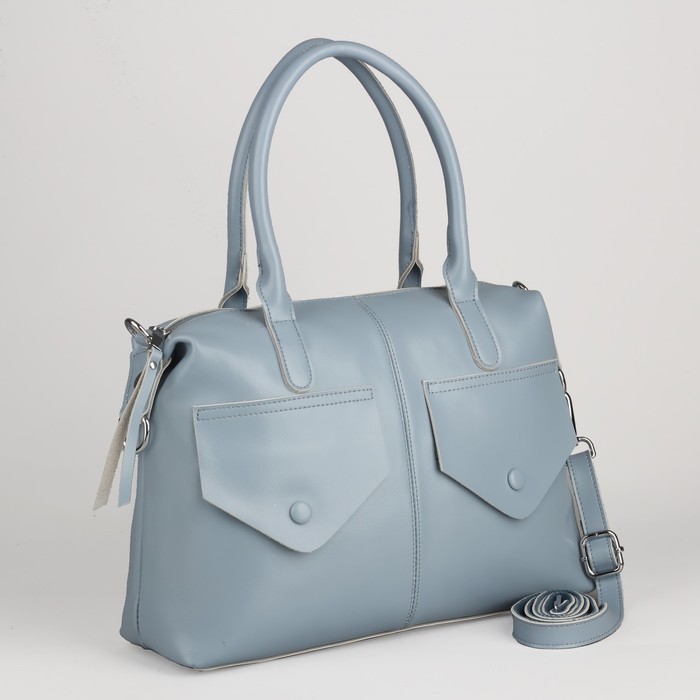 Сумка женская на молнии, 1 отдел, 3 наружных кармана, длинный ремень, цвет голубой