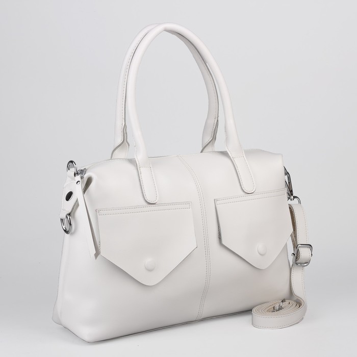 Сумка женская на молнии, 1 отдел, 3 наружных кармана, длинный ремень, цвет белый