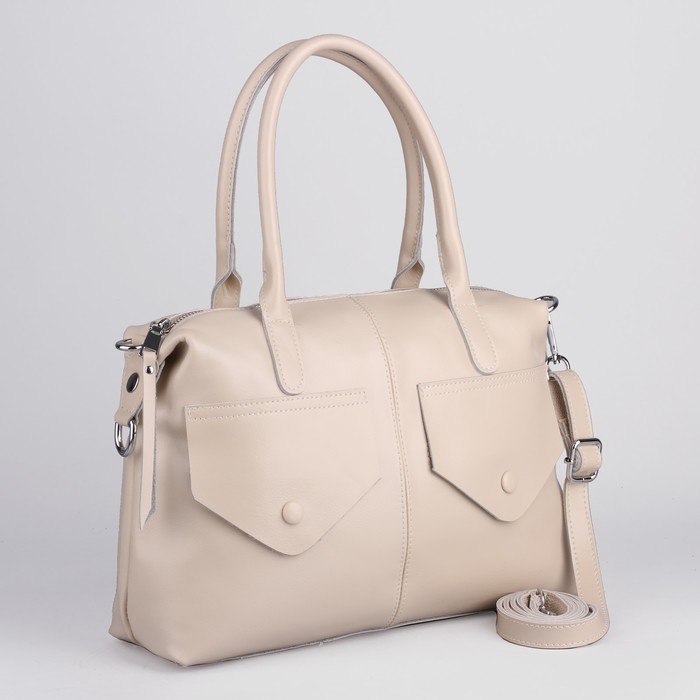 Сумка женская на молнии, 1 отдел, 3 наружных кармана, длинный ремень, цвет бежевый