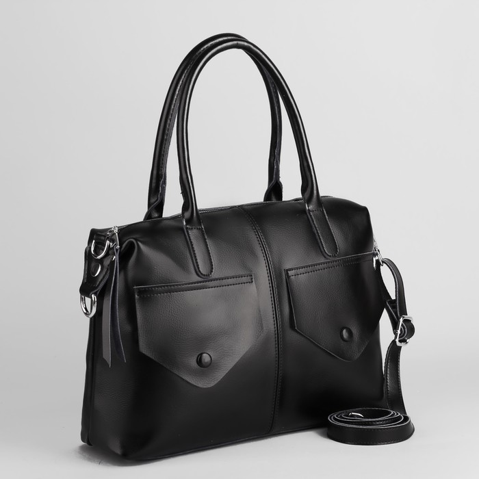 Сумка женская на молнии, 1 отдел, 3 наружных кармана, длинный ремень, цвет чёрный