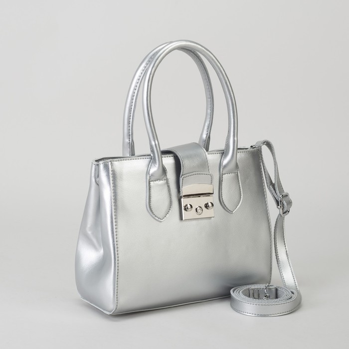 Сумка женская, отдел на молнии, с расширением, наружный карман, длинный ремень, цвет серебристый