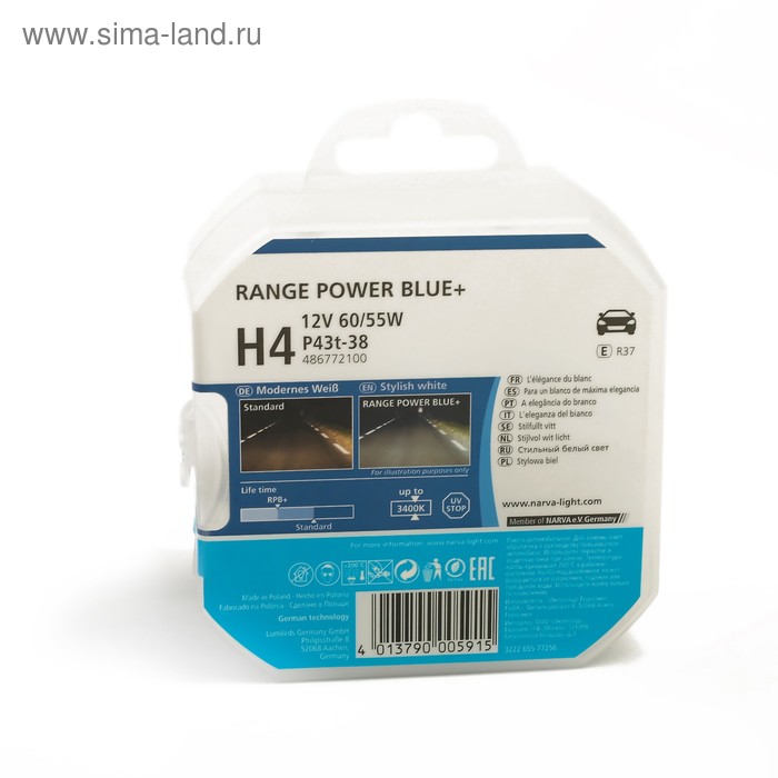 фото Автолампа narva +30% range power blue,h4 p43t-38, 12 в, 60/55 вт, 48677 rpb s2, 2шт.