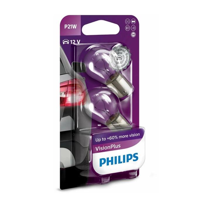 

Автолампа Philips Vision Plus +50%, P21W, BA15s, 12 В, 12498 VP B2, набор 2 шт