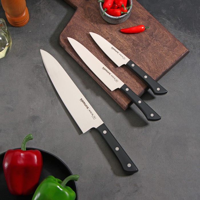 цена Набор ножей Samura HARAKIRI, 3 шт: лезвие 10 см, 15 см, 20 см, чёрная рукоять
