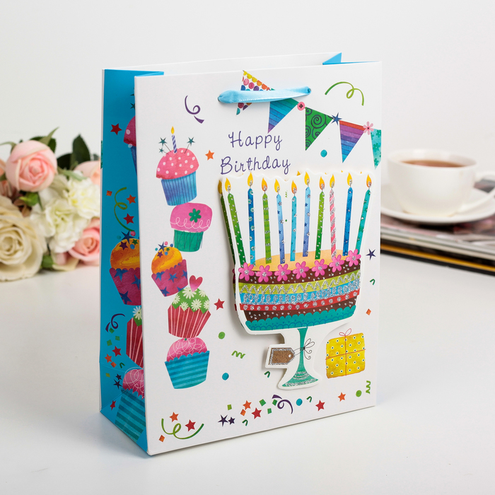 Пакет подарочный "С днем рождения", люкс, МИКС, 18 х 8 х 24 см