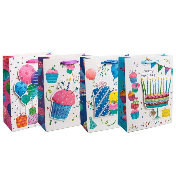 Пакет подарочный "С днем рождения", люкс, МИКС, 18 х 8 х 24 см