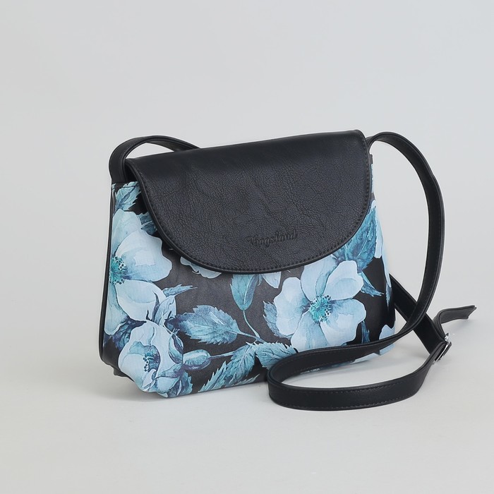 Сумка женская, отдел на молнии, наружный карман, длинный ремень, синий/цветы