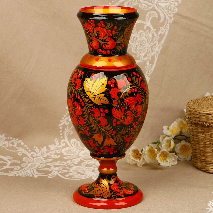 Ваза «Земляничка», большая, 12х34 см, хохлома