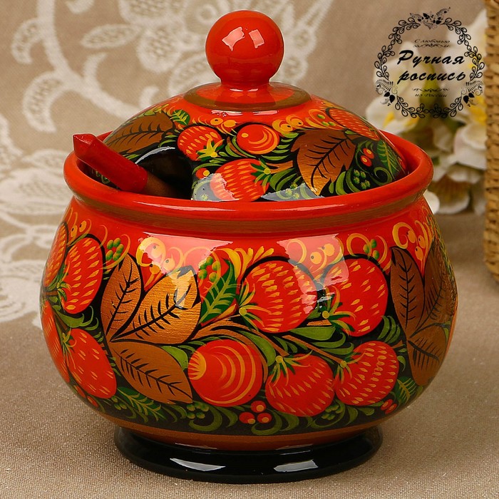 Сахарница «Двойной фон», с ложкой, 13х9 см, 400 мл, хохлома